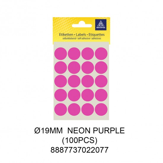 MAYSPIES MS019 COLOUR DOT LABEL / 5 SHEETS/PKT / 100PCS / ROUND 19MM NEON PURPLE